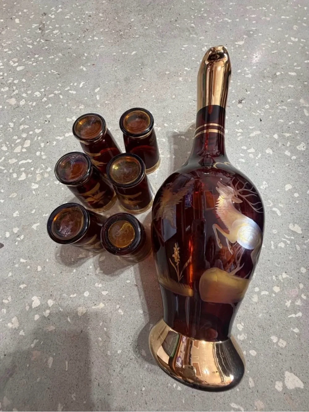 1950’s Bohemian Amber Glass & Gold Decanter  & Cordial Cups Set